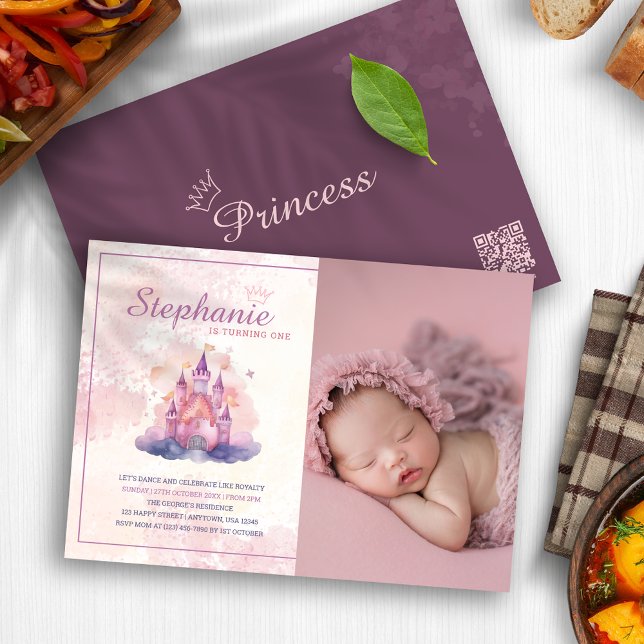 Aquarellburg Pink Kindermädchen 1. Geburtstag Foto Einladung (Watercolor Castle Pink Babygirl 1st Birthday Photo Invitation)