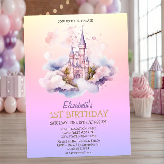 Aquarellburg Princess Ombre Geburtstag Einladung