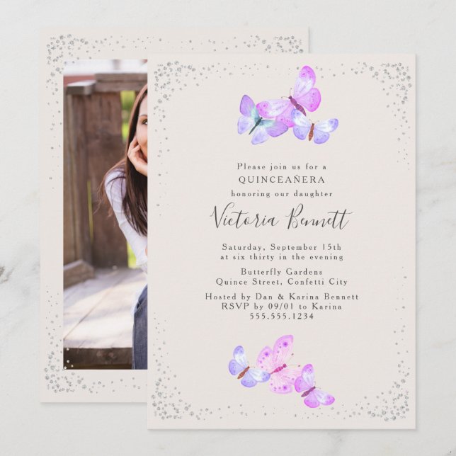 Aquarellbutterfisch Portrait Foto Quinceanera Einladung (Vorne/Hinten)