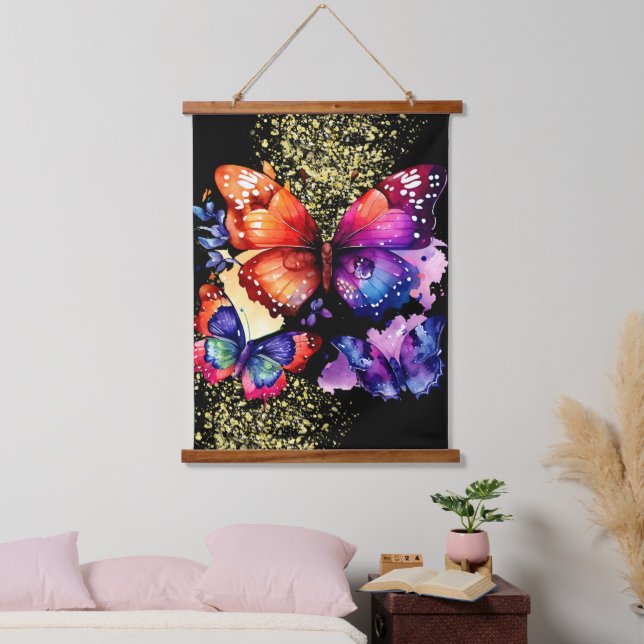 Aquarellbutterfische Farbige Imitate Glitzer Wandteppich Mit Holzrahmen (Schlafzimmer)