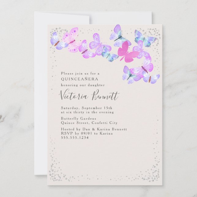 Aquarellbutterfische Silver Confetti Quinceanera Einladung (Vorderseite)