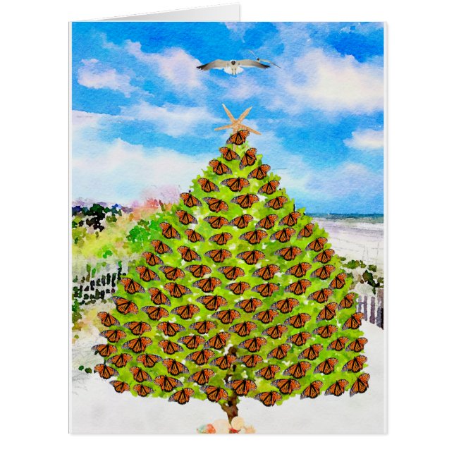 Aquarellbutterfliegen und Weihnachtsbaum am Strand (Vorderseite)