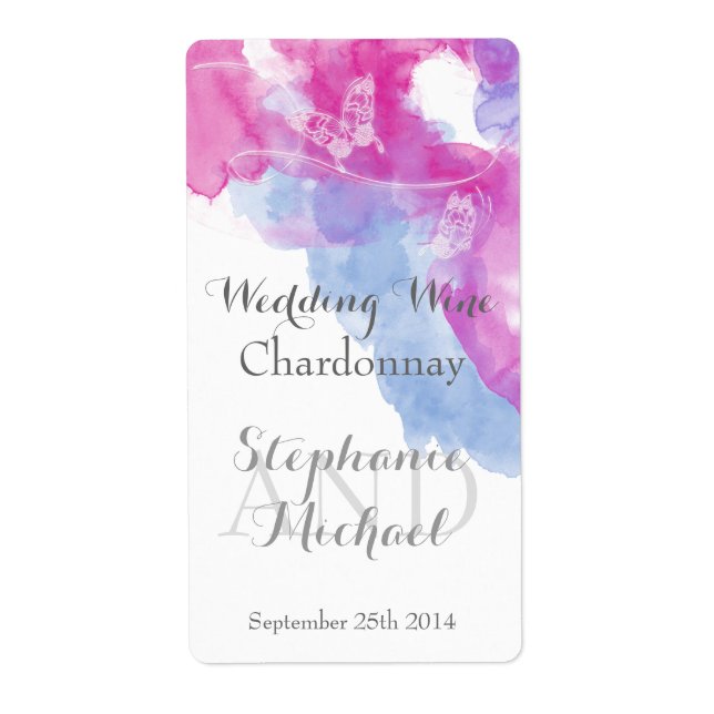 Aquarellbutterfly Himbeere Hochzeitsoße Weinetiket (Vorne)