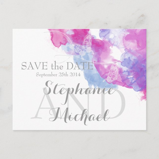 Aquarellbutterfly Himbeere Save the Date Ankündigungspostkarte (Vorderseite)