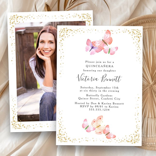 Aquarellbutterfly Quinceanera Foto 15. Einladung (Photo Quinceanera Invitation from Butterfly Skies Quinceanera collection - order printed or digital)