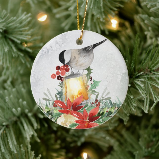 Aquarellchickadee und Laternengebirge Keramik Ornament (Baum)