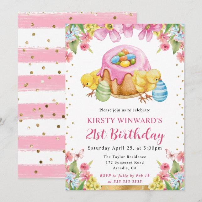Aquarellchicks Frühjahr 21. Geburtstag Einladung (Vorne/Hinten)