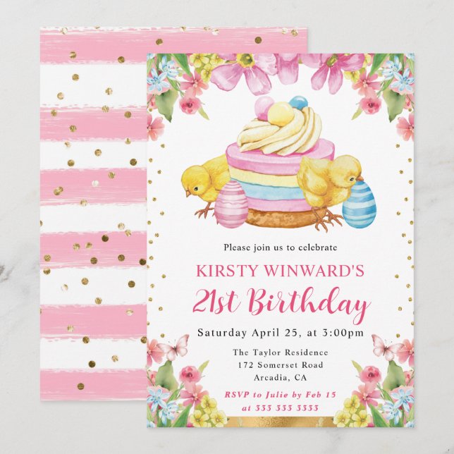 Aquarellchicks Frühjahr 21. Geburtstag Einladung (Vorne/Hinten)