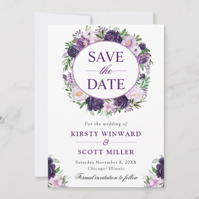 Aquarellcreme und Lila Kranzhochzeit Save The Date (Vorderseite)