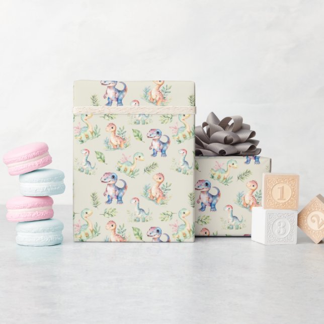 Aquarelldinosaurier auf graugelb geschenkpapier (Babyparty)