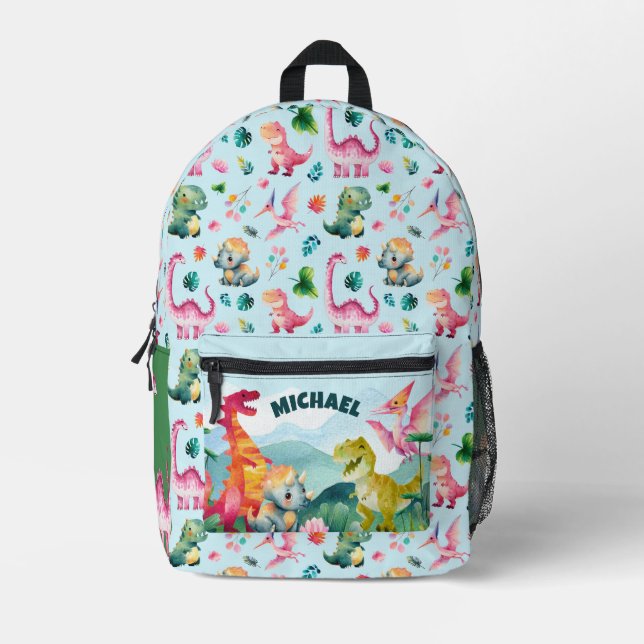 Aquarelldinosaurier Prähistorisches Muster mit Nam Bedruckter Rucksack (Vorderseite)