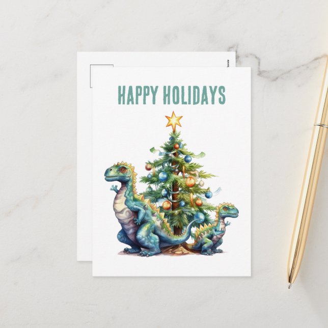 Aquarelldinosaurier Weihnachtsbaum Feiertagspostkarte (Vorderseite/Rückseite Beispiel)
