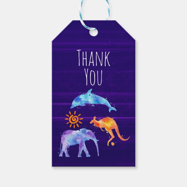 Aquarelldolphin, Elephant, Kangaroo Vielen Dank Geschenkanhänger (Vorderseite)