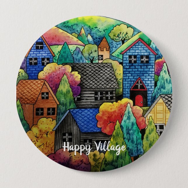 Aquarelldorf mit bunten Häusern Button (Vorderseite)