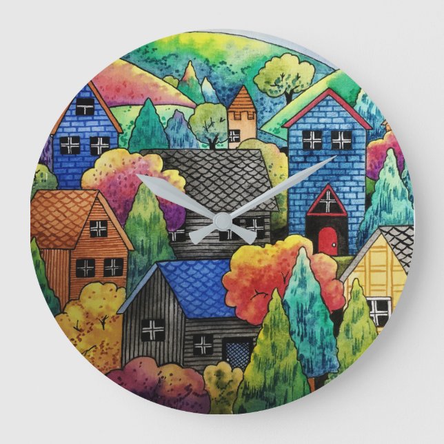 Aquarelldorf mit bunten Häusern Große Wanduhr (Vorderseite)