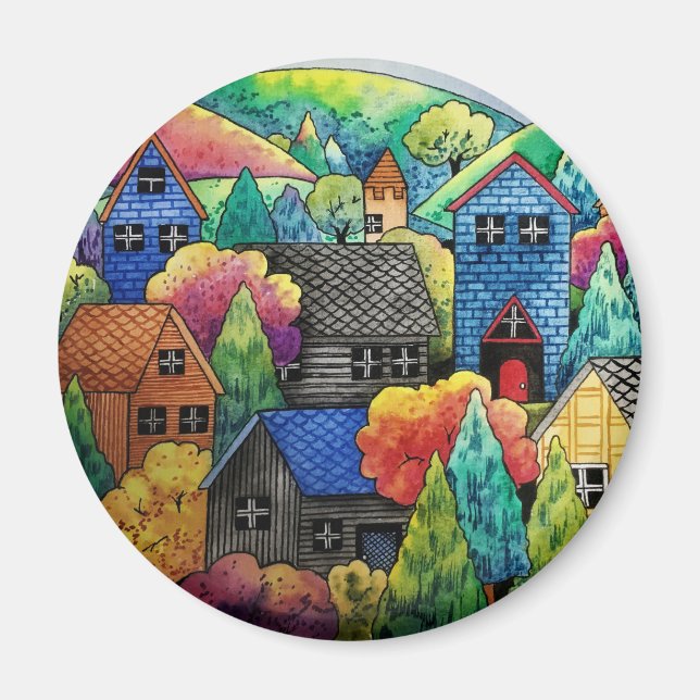 Aquarelldorf mit bunten Häusern Magnet (Vorne)