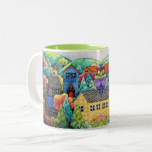 Aquarelldorf mit bunten Häusern Zweifarbige Tasse