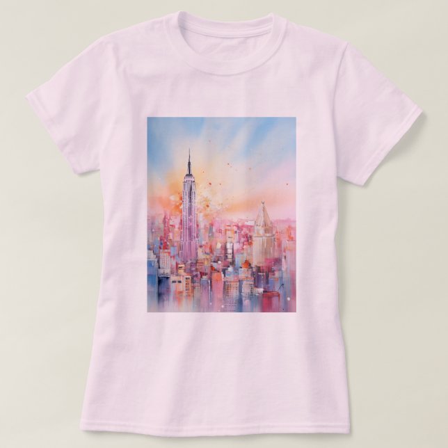 Aquarelldruck, New York City, Blue Pink T - Shirt (Design vorne)