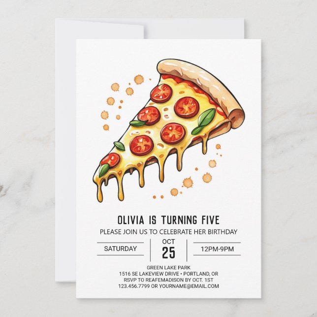 Aquarelldruckbare Pizza zum Geburtstag Einladung (Vorderseite)
