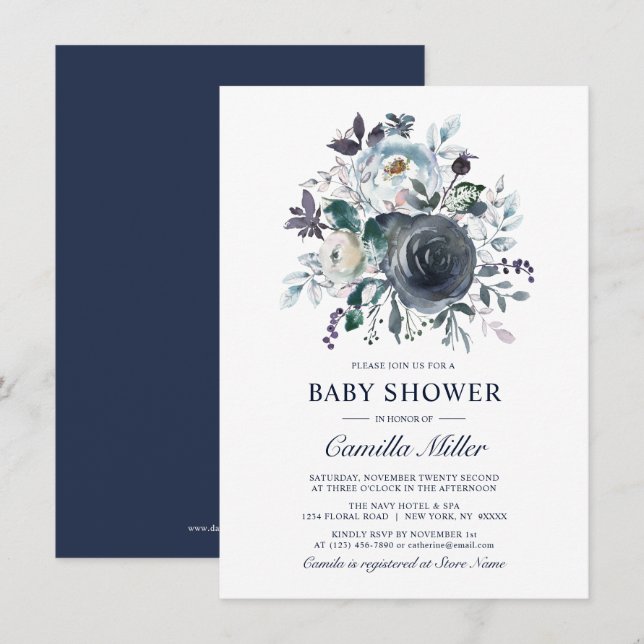 Aquarelldusche Blue Navy BlumenBaby Dusche Einladung (Vorne/Hinten)