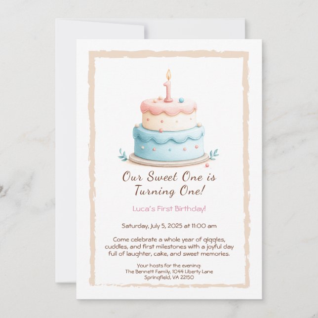 Aquarelle 1er anniversaire Invitation avec bougie  (Devant)