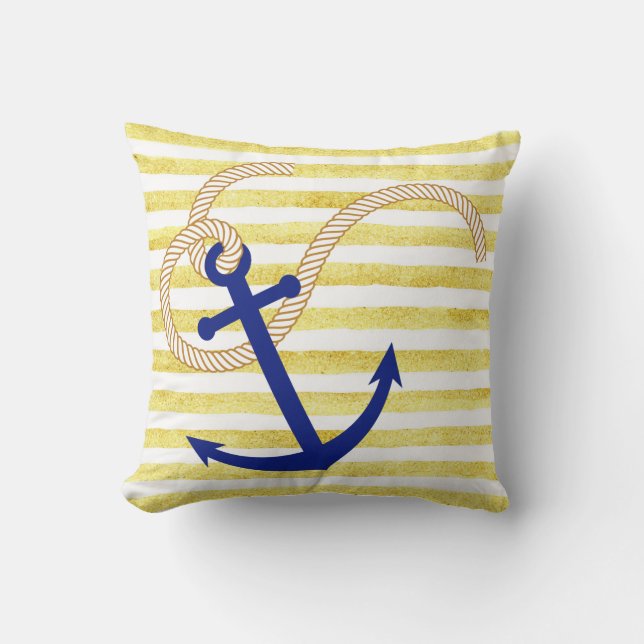 Aquarelle à rayures jaunes Ancrage Coussin nautiqu (Recto)