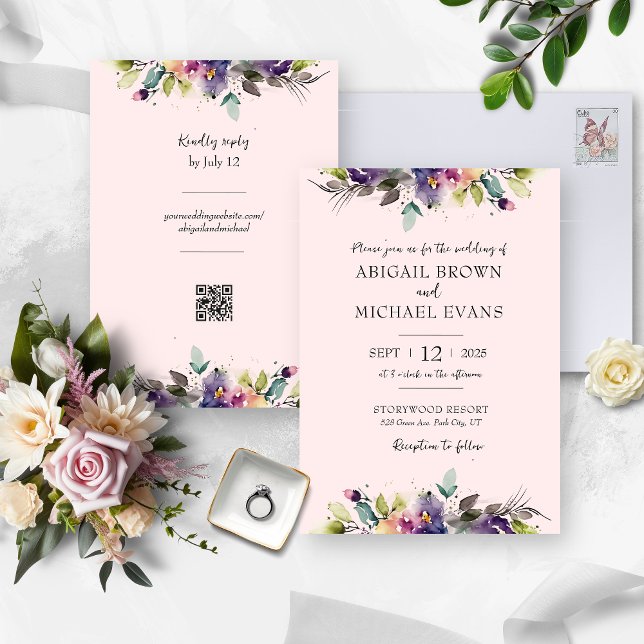 Aquarelle Abstraite Faire-part de mariage floral (Watercolor Pink Floral Wedding Invitation & RSVP)