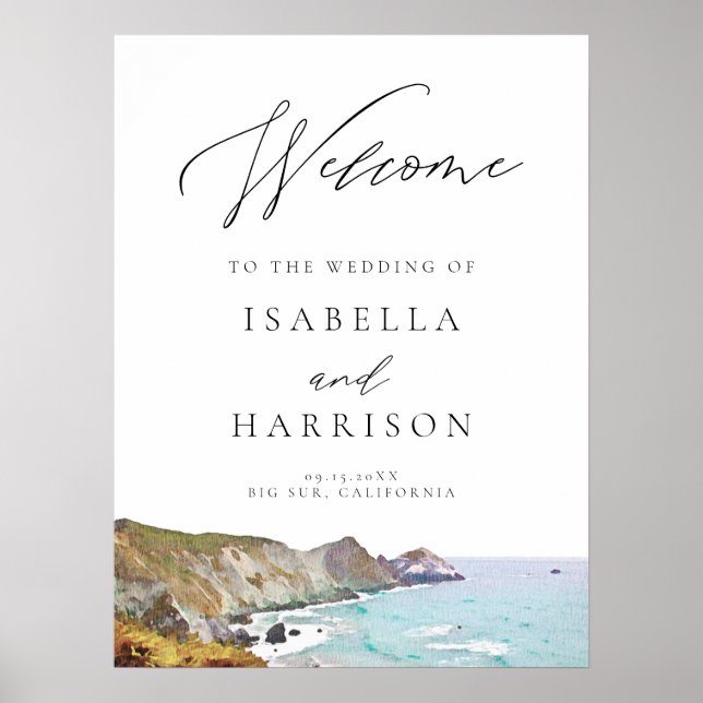 Aquarelle Affiche de bienvenue côtière de Big Sur  (Devant)