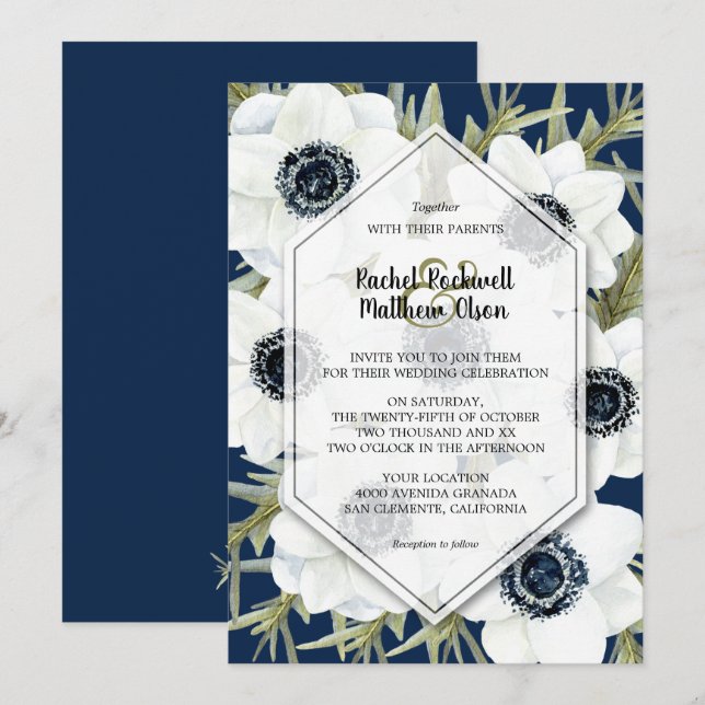 Aquarelle Anémones Botanique Mariage Invitations (Devant / Derrière)