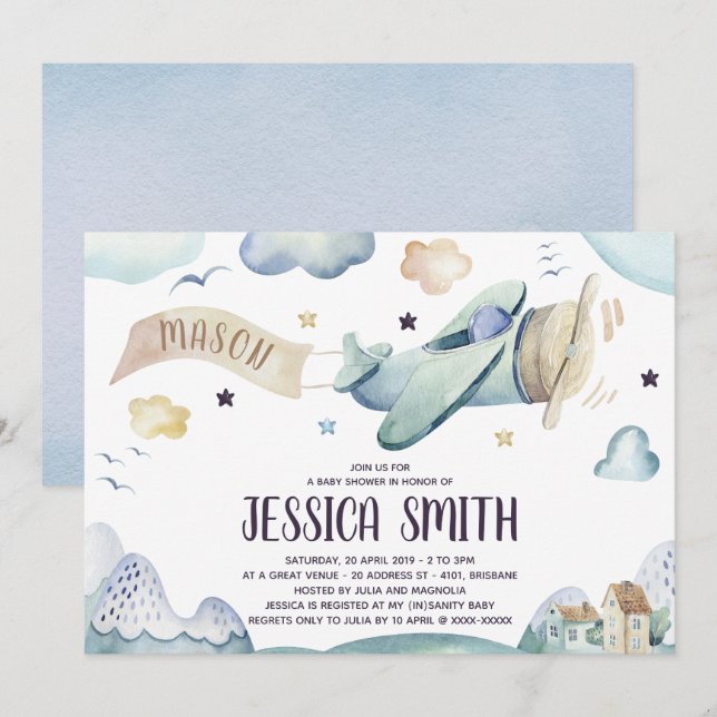 Aquarelle Avion Baby Boy Shower Invitation (Devant / Derrière)