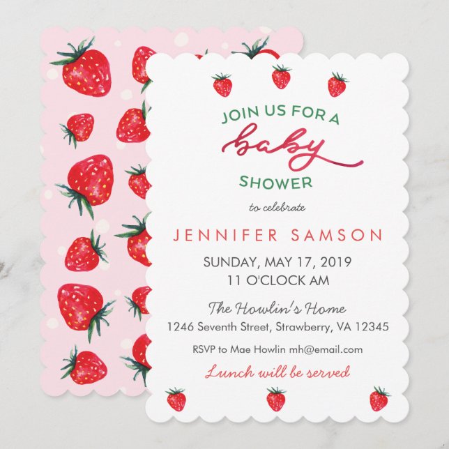 Aquarelle Baby shower fraise Invitation rose (Devant / Derrière)