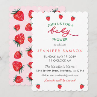 Aquarelle Baby shower fraise Invitation rose