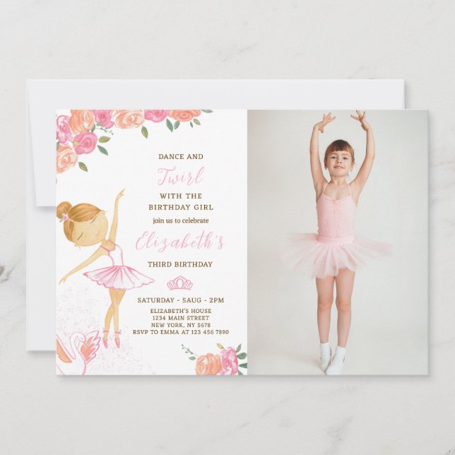Aquarelle Ballerina Invitation Anniversaire Avec P (Devant)