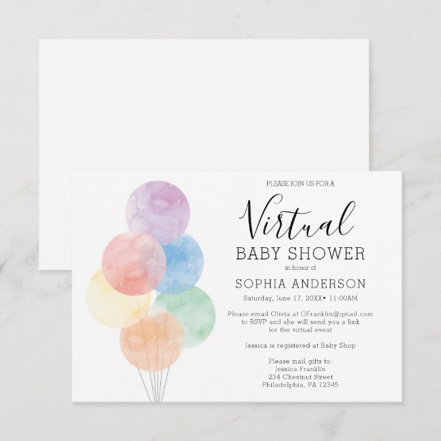Aquarelle Ballons Baby shower virtuel Invitation (Devant / Derrière)