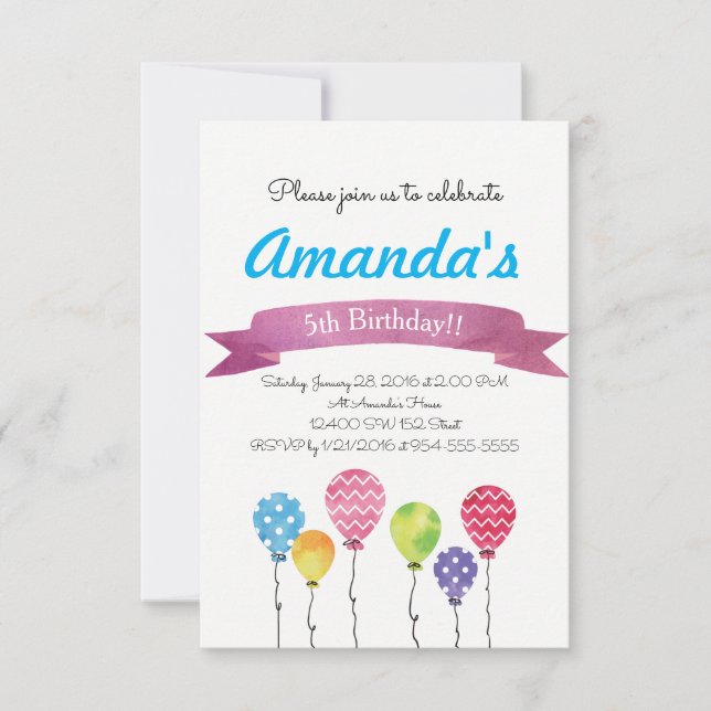 Aquarelle Ballons d'anniversaire Invitations (Devant)