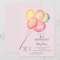 Aquarelle Ballons rose 1er anniversaire Invitation