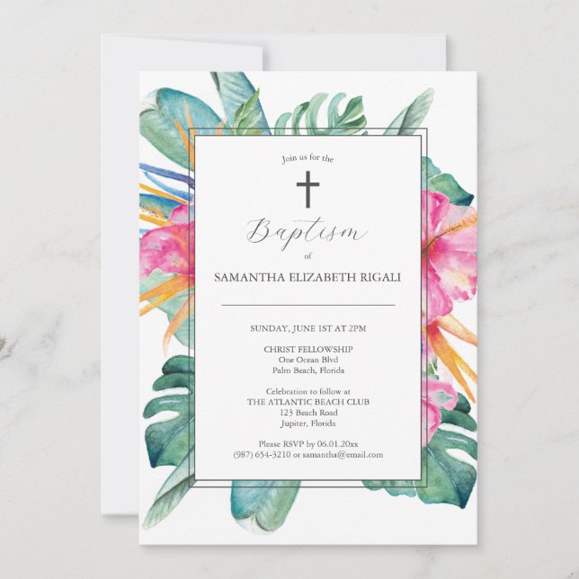 Aquarelle Baptême Invitations Fleurs tropicales (Devant)