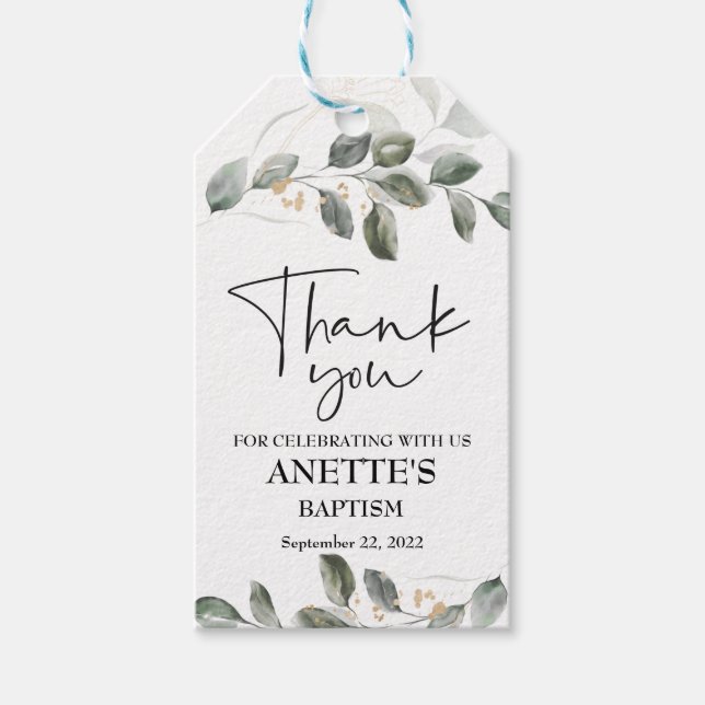 Aquarelle Baptême Vert Étiquettes Cadeau (Devant)
