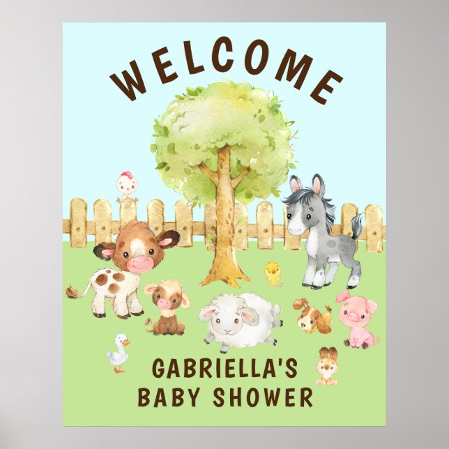 Aquarelle Barnyard Animaux Baby shower Poster (Devant)