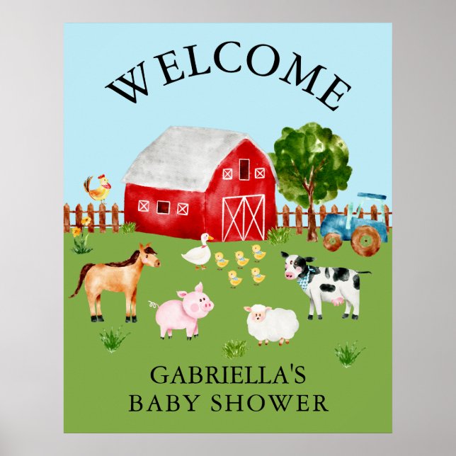 Aquarelle Barnyard Animaux Baby shower Poster (Devant)