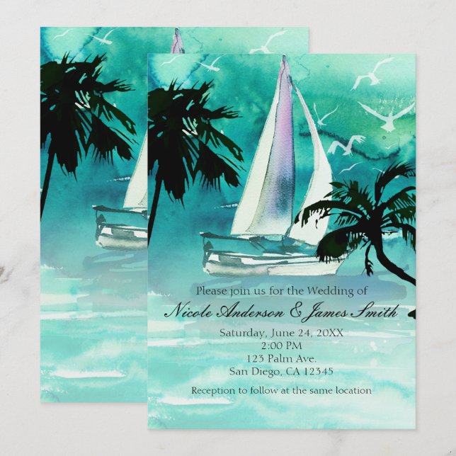 Aquarelle Bateau à voile et palmiers Invitations m (Devant / Derrière)