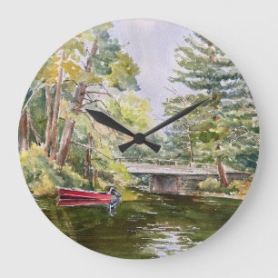 Aquarelle Bateau rouge Pêche Lac Horloge murale