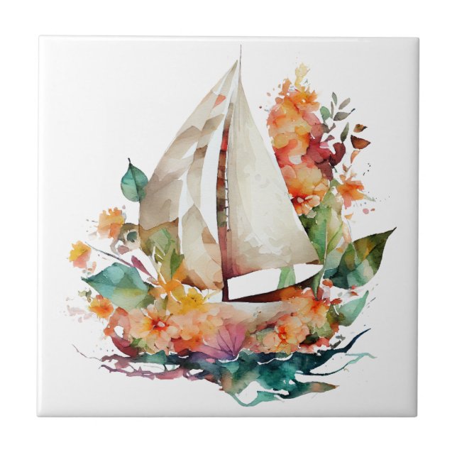 Aquarelle Bateaux à voile Carreaux en céramique (Devant)