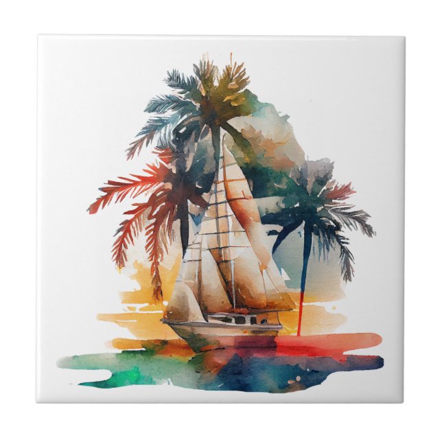 Aquarelle Bateaux à voile Carreaux en céramique (Devant)