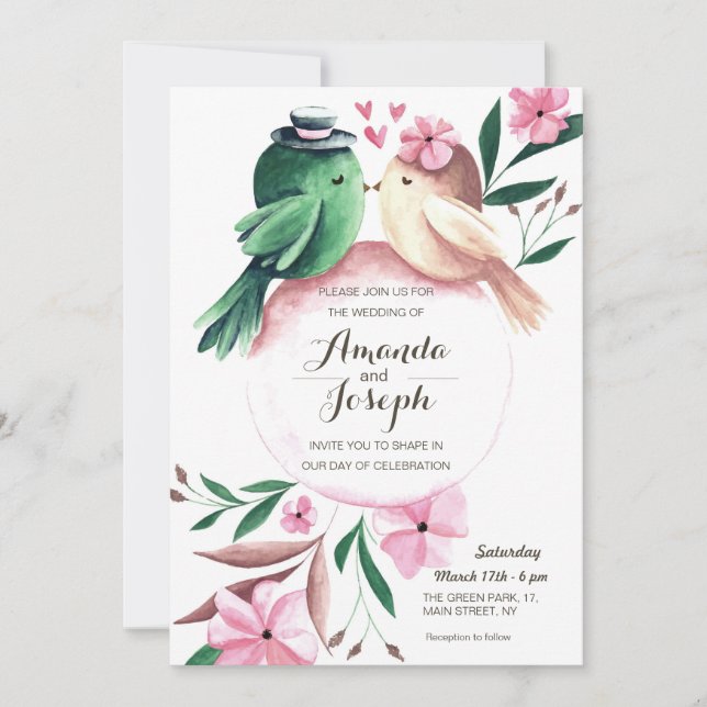 Aquarelle Beaux oiseaux faire-part de mariage flor (Devant)