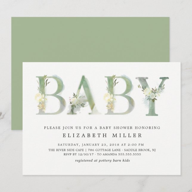 Aquarelle Bébé botanique ・ Invitation Baby shower (Devant / Derrière)