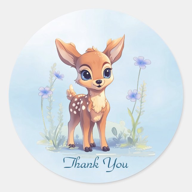 Aquarelle Bébé Cerf Bleu Sticker Fleurs (Devant)
