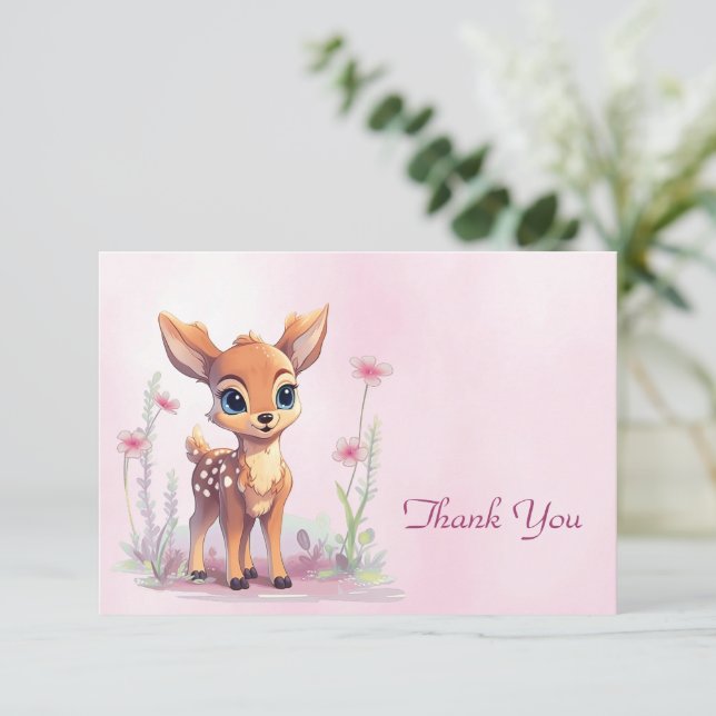Aquarelle Bébé Cerf Carte de remerciements Fleurs  (Debout devant)