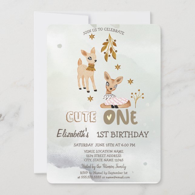 Aquarelle Bébé Cerf Vert 1ère invitation (Devant)