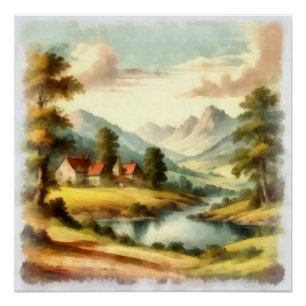 Aquarelle, Berglandschaft Poster